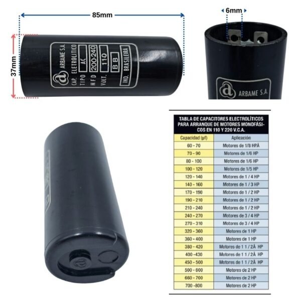 medidas del capacitor de 200 a 240uf